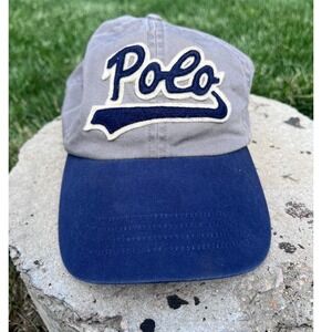 Polo Ralph Lauren Mens Grey Navy Blue Script Logo Adjustable Hat vintage street